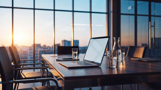 Brightly lit modern office meeting room with large windows overlooking city skyline during a golden hour sunset.