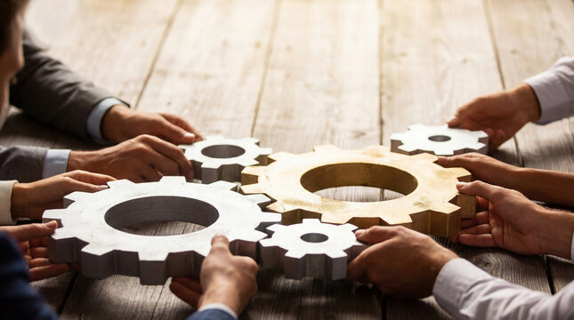 Diverse group of hands assembling interlocking silver and gold gears on a wooden table, symbolizing collaboration, teamwork, and shared goals in business.