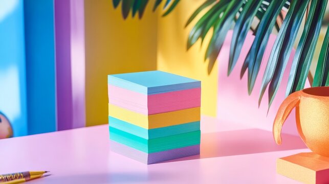 A vibrant arrangement of colored sticky notes on a glossy pink surface with a leafy background