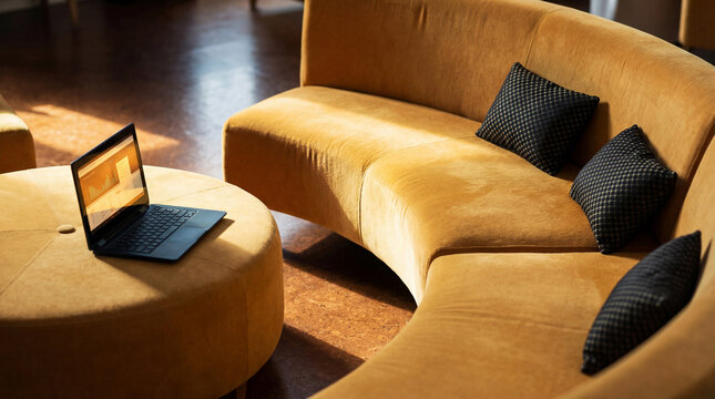 Contemporary office lounge area with comfortable yellow sofa, ottoman, and laptop, creating a relaxed yet productive atmosphere.