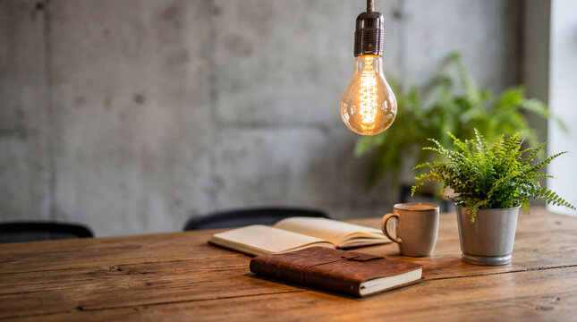 Cozy home office corner with a warm incandescent bulb, a leather-bound notebook, and a potted fern on a rustic wooden table.