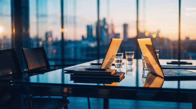 Modern conference room with city view at sunset, laptops and water glasses on table, symbolizing business and technology.
