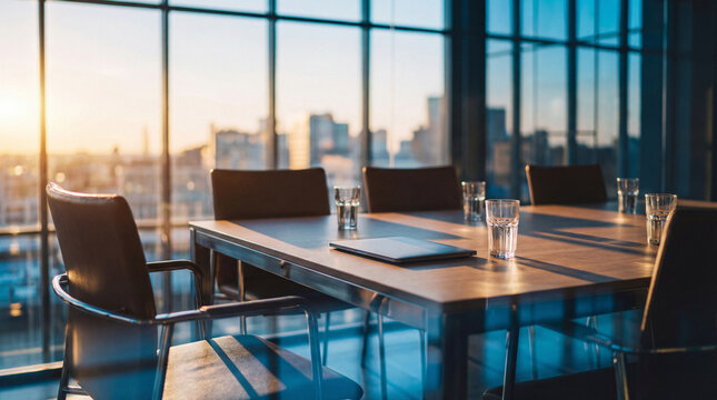 Modern office boardroom with a large wooden table, chairs, and city view during sunset.