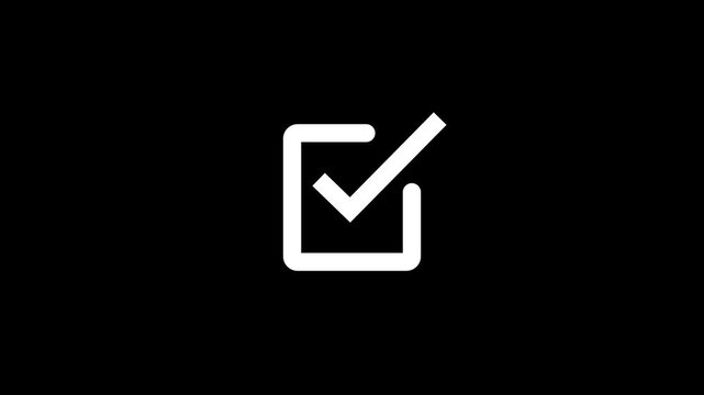 Futuristic glowing outline rectangle with checkmark symbol on dark or black background. Animated check mark inside a rectangle with glowing neon line effect. High quality 4K motion graphics.