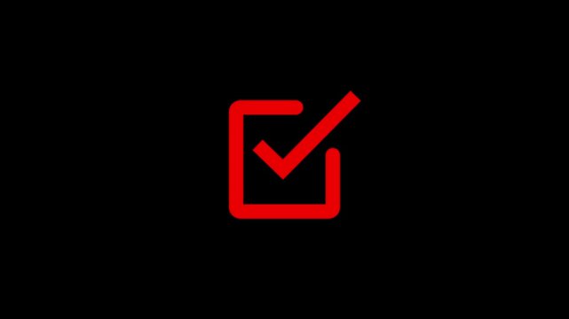 Futuristic glowing outline rectangle with checkmark symbol on dark or black background. Animated check mark inside a rectangle with glowing neon line effect. High quality 4K motion graphics.