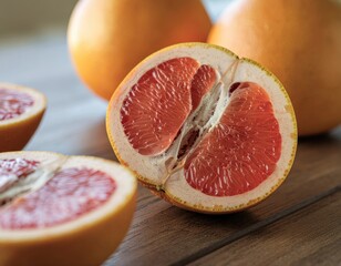 Nahaufnahme einer frisch halbierten Grapefruit auf rustikalem Holztisch -gesunde Ern&auml;hrung, Vitamine, Fr&uuml;hst&uuml;ck, Frische und saisonale Zitrusfr&uuml;chte.