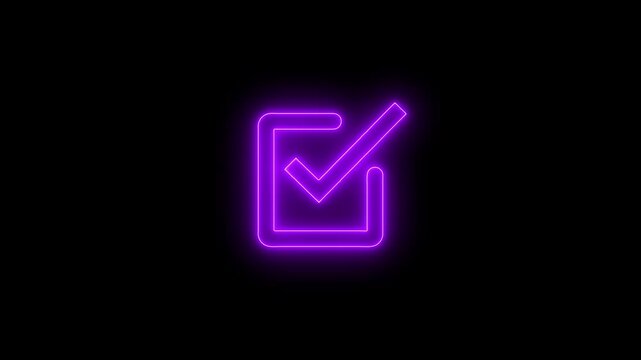 Neon square check mark icon animation showing a positive symbol and tick mark. Bright glowing neon square with a checkmark appearing smoothly on dark or black background. 4K motion graphics.