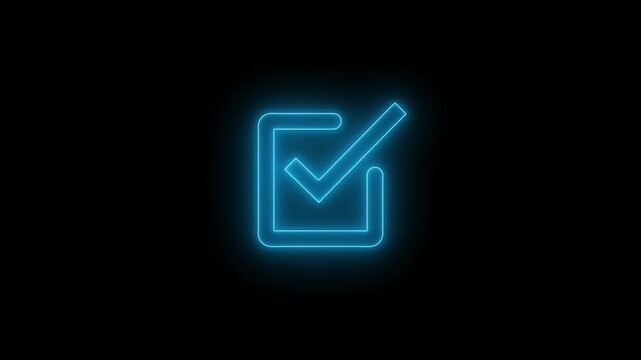 Neon square check mark icon animation showing a positive symbol and tick mark. Bright glowing neon square with a checkmark appearing smoothly on dark or black background. 4K motion graphics.