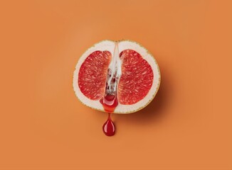 Minimalistische Konzeptfotografie einer halbierten Grapefruit mit rotem Tropfen als symbolische Darstellung des Menstruationszyklus, weiblicher Gesundheit und nat&uuml;rlicher K&ouml;rperprozesse