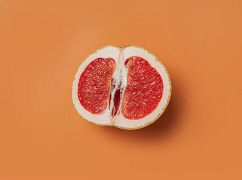 Minimalistische Konzeptaufnahme einer halbierten Grapefruit auf orangefarbenem Hintergrund mit viel Copyspace.