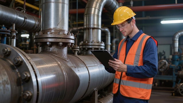 Engineer in orange vest inspecting factory equipment. Used for flyer, industrial web design, or report.
