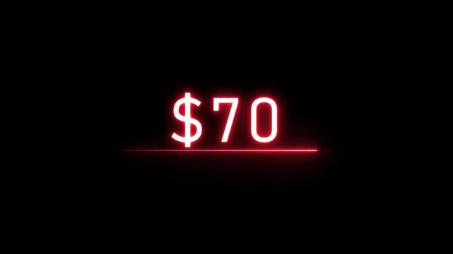 $70 Glowing neon line Letter Icon animation. Neon dollar sign animation background. Glowing neon light $70 text number.
