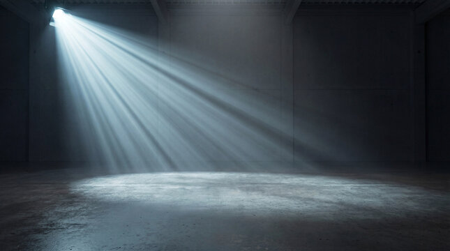Minimalist concrete interior bathed in dramatic, angled volumetric light rays from an unseen source, creating a moody atmosphere.