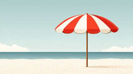Red and white umbrella on sandy beach with calm sea and clear sky