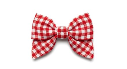 A classic red and white gingham patterned bow tie, neatly tied and isolated on a clean white background.