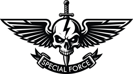 Black and white vector tactical emblem featuring a skull with lightning bolt and dagger through it with wings and special force ribbon banner © MDASIKUL