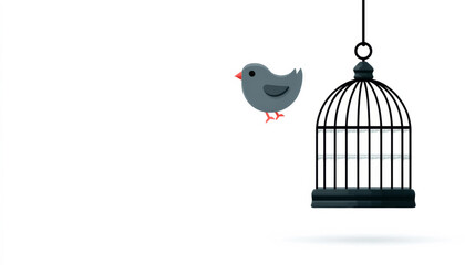 Fototapeta premium Gray bird flying away from open black cage on white background