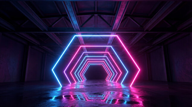 Hexagonal neon corridor with repeating layers of pink and blue glowing outlines, leading into darkness with reflections on a wet, industrial floor.