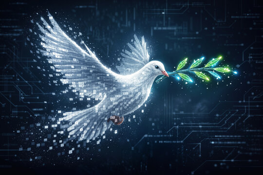 Digital dove composed of glowing fragmented code carrying fiber optic olive branch symbolizing cyber peace digital disarmament cybersecurity global stability diplomacy