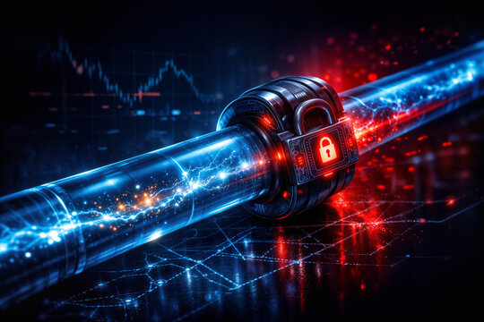 Energy supply pipeline with digital padlock symbolizing chokepoint blockade supply chain disruption maritime trade vulnerability and global energy security crisis