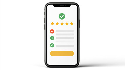 Mobile app interface with rating system and checklist displayed on smartphone screen