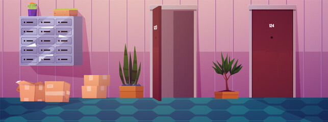 Fototapeta na wymiar House lobby with apartment doors, vector flat hall, corridor interior potted plants, cardboard boxes and wall mail boxes
