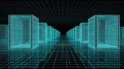 Fototapeta premium Digital turquoise wireframe corridor with glowing neon grid lines and data blocks, 3d render of abstract virtual reality environment representing server room, cloud storage and cyber space portal