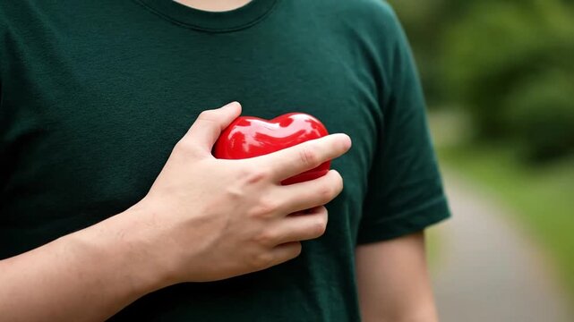 Animated motion clip shows a person gently holding a glossy red heart symbol against their dark green shirt outdoors