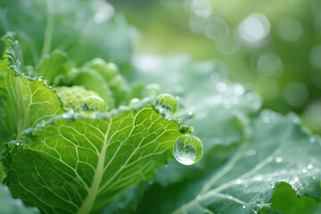 朝露にきらめく野菜の葉と瑞々しい水滴の背景