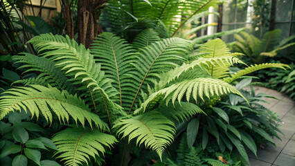 Fototapeta premiumVibrant green fern leaves with a detailed frond pattern thrive in a lush tropical forest, showcasing natural growth and fresh foliage in a macro botany closeup