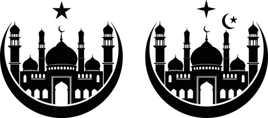 Obraz premium Islamic, mosque, silhouette, with, crescent, moon, and, star, for, Ramadan, Kareem, Eid, Mubarak, celebration, religious, vector, icon, set, isolated, background.