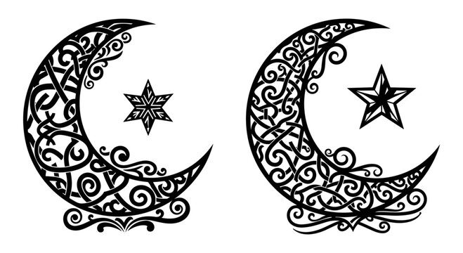 Intricate crescent moons adorned with arabic geometric patterns and stars Vector, illustration