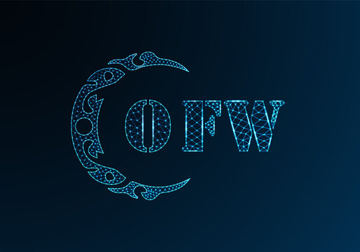 Low poly letter logo OFW design. OFW letter logo low poly vector design on blue color gradient background. OFW logo low poly design