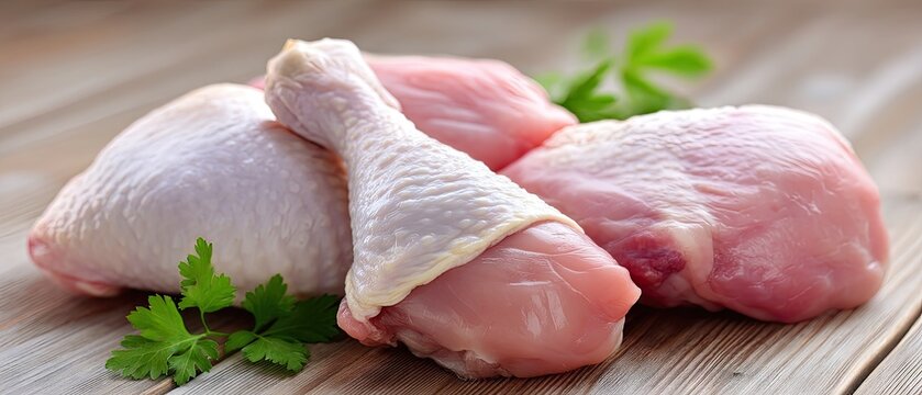 Freddy the chicken drumsticks on wooden surface ready for cooking with fresh herbs and spices in a kitchen setting