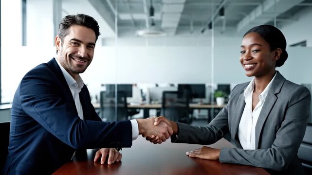 Smiling Businessman and African American Businesswoman Shaking Hands Across Office Table, Professional Partnership and Job Interview Agreement Concept,Corporate Deal and Diverse Business Collaboration