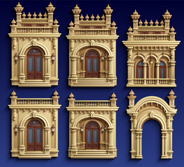 Obraz premium Paper cut style vector construction kit of colonial architecture. Set of isolated architectural elements, windows, doors, balconies and facades in 3D layered paper art craft.