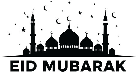 Eid Mubarak silhouette of a mosque with domes and minarets under a starry sky with crescent moons, black and white vector. © Shopna