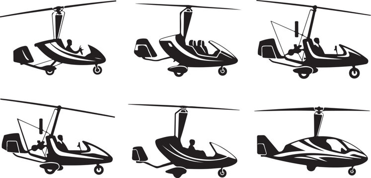 Collection of modern autogyro and small helicopter vector silhouettes isolated design