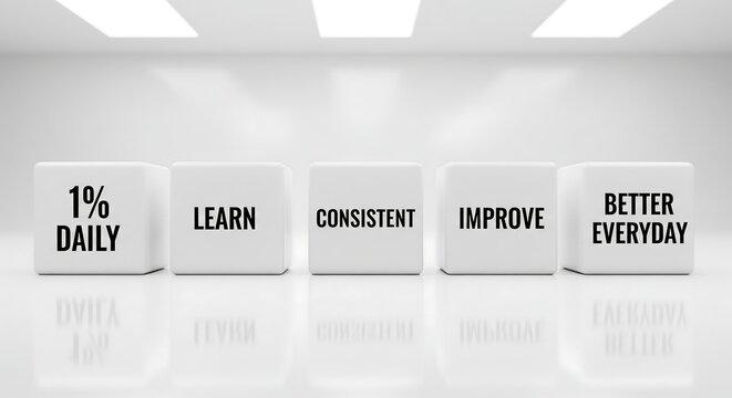 Five white cubes arranged in a row, each displaying a word or phrase related to personal growth and continuous improvement.
