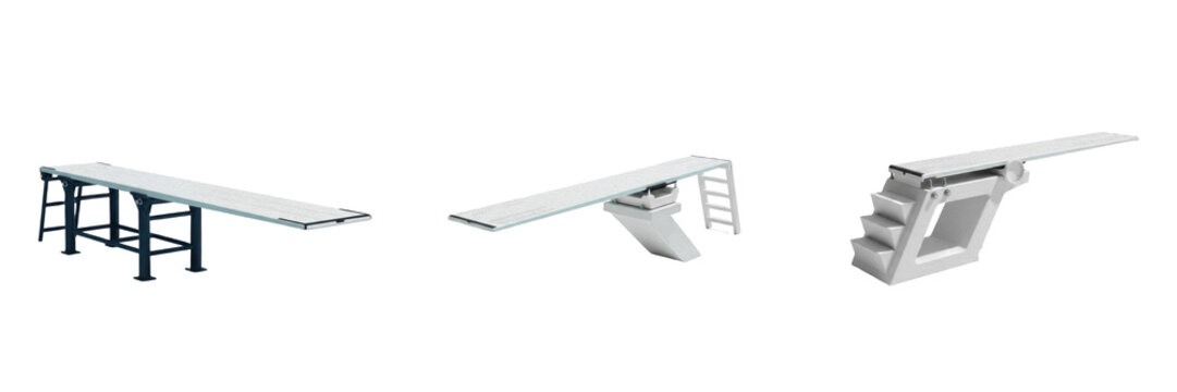 Professional Swimming Pool Diving Board Set - Realistic Springboards with Non-Slip Surface and Support Stands Isolated on White Background