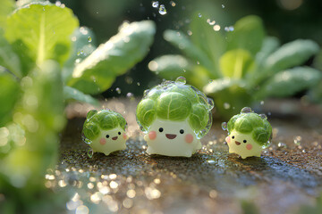 ブロッコリーとキャベツと大根の可愛い野菜の妖精たち
