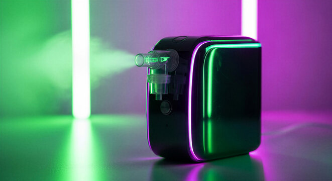 Modern nebulizer emitting mist with colorful neon background  