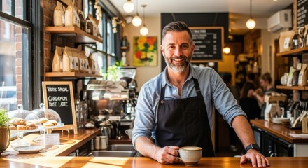 Fototapeta premium A smiling barista standing behind a coffee counter in a cozy coffee shop.