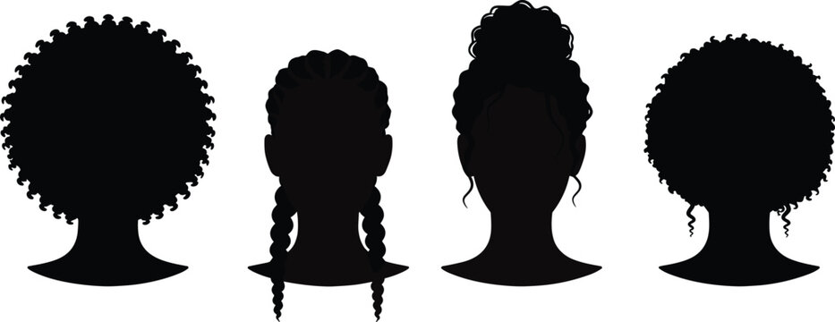 Black female hairstyle silhouette set featuring afro braided bun and curly textures for beauty salon hair care fashion and diversity.