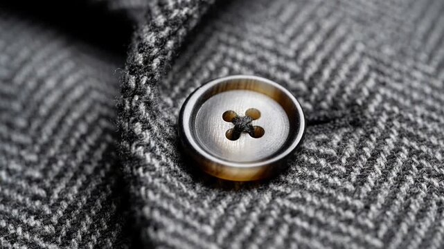 Macro detail of a button on a classic grey tweed jacket with a herringbone pattern