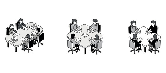Obraz premium Business teams discussing documents around office tables isometric layout