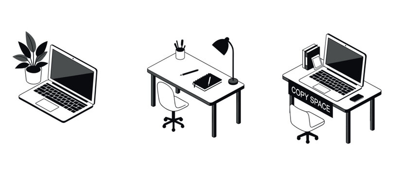 Laptop workspace setups arranged on modern office desk scenes