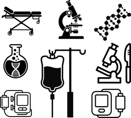 Obraz premium Modern Medical & Science Icon Set: Essential Vector Illustrations for Healthcare Facilities, Laboratory Research, DNA Analysis, Patient Care, Diagnostic Tools & Scientific Discovery.