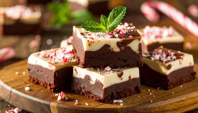 Decadent fudge squares stacked on wood, chocolate base topped with creamy white layer and peppermint bits, mint garnish