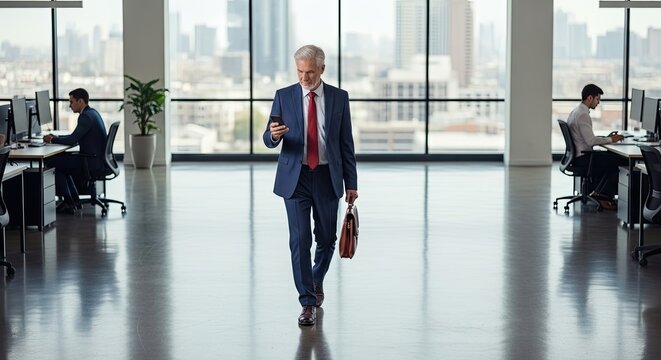 A distinguished older man in a formal business suit walks purposefully through a modern office space. He is holding a smartphone and appears to be engaged with it.